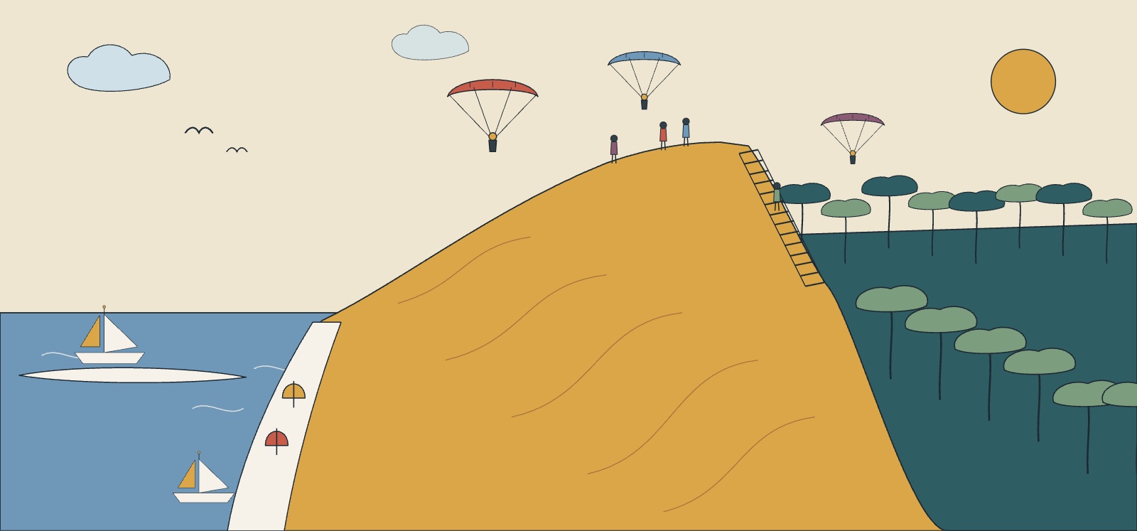 Illustration de la dune du Pilat en &eacute;t&eacute;, avec la for&ecirc;t de pins, le bassin d'Arcachon, des voiliers et des parapentes