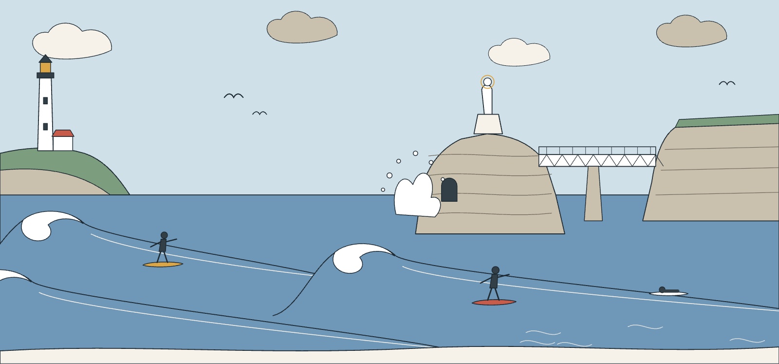 Illustration de Biarritz en hiver : grosses vagues, Rocher de la Vierge et sa passerelle, phare et surfeurs