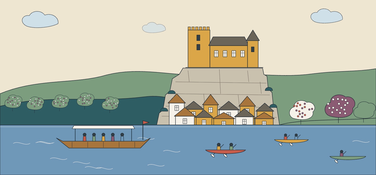 Illustration de la vall&eacute;e de la Dordogne au printemps : Beynac et son ch&acirc;teau sur la falaise, cano&euml;s et gabarre sur la rivi&egrave;re